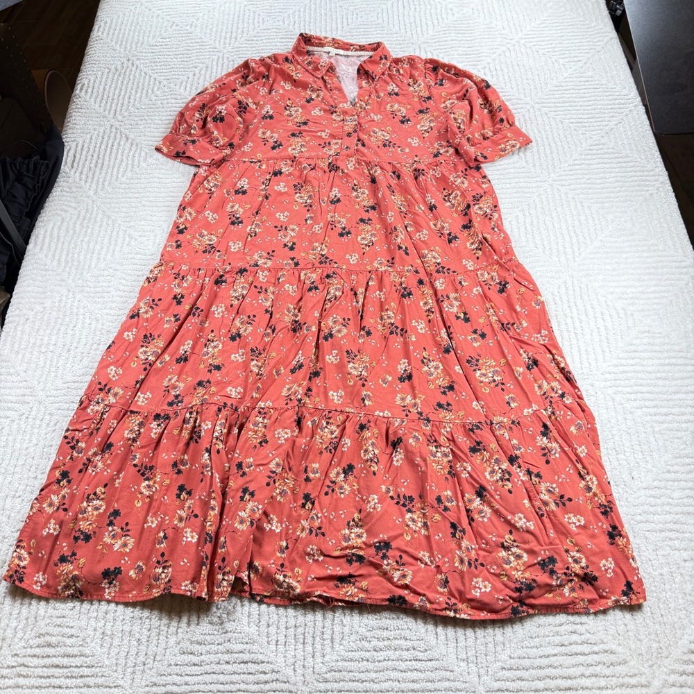 Kate & Sam Floral Tiered Midi Dress Women's XL Orange Boho Cottagecore Prairie